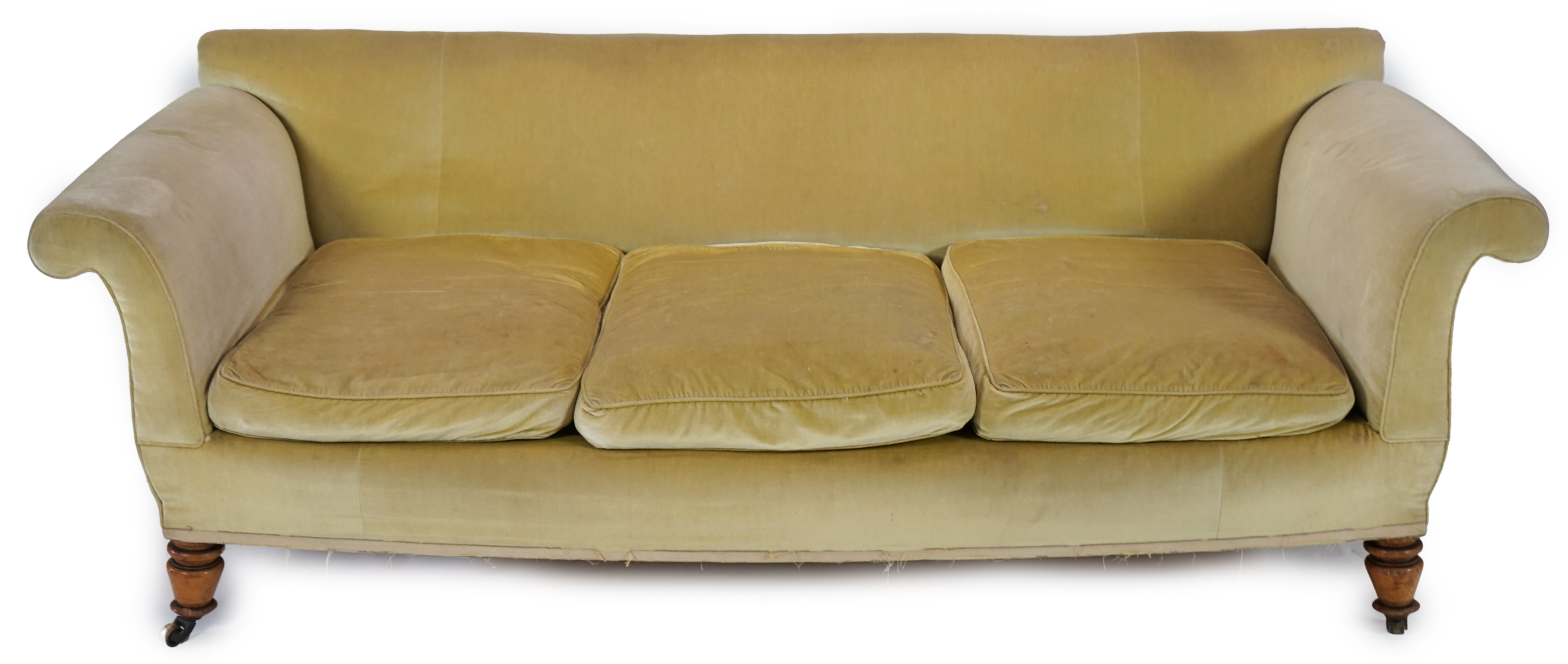 A large Victorian sofa, in the manner of Howard & Sons, probably Swietenia mahagoni with a Fagus sylvatica frame